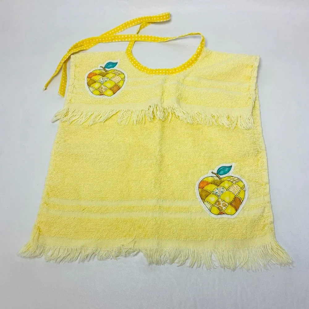 Vintage St. Mary's Embroidered Apple Baby Tie Bib‎ Terrycloth Yellow 70s Towel